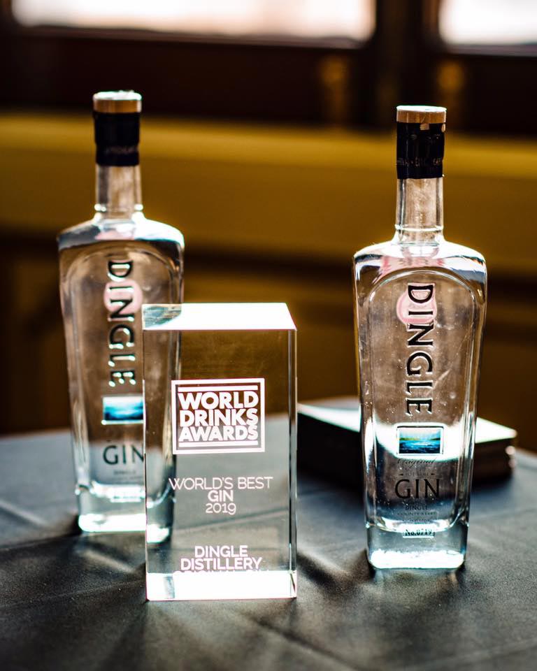 Dingle Gin bottles on a table with an award
